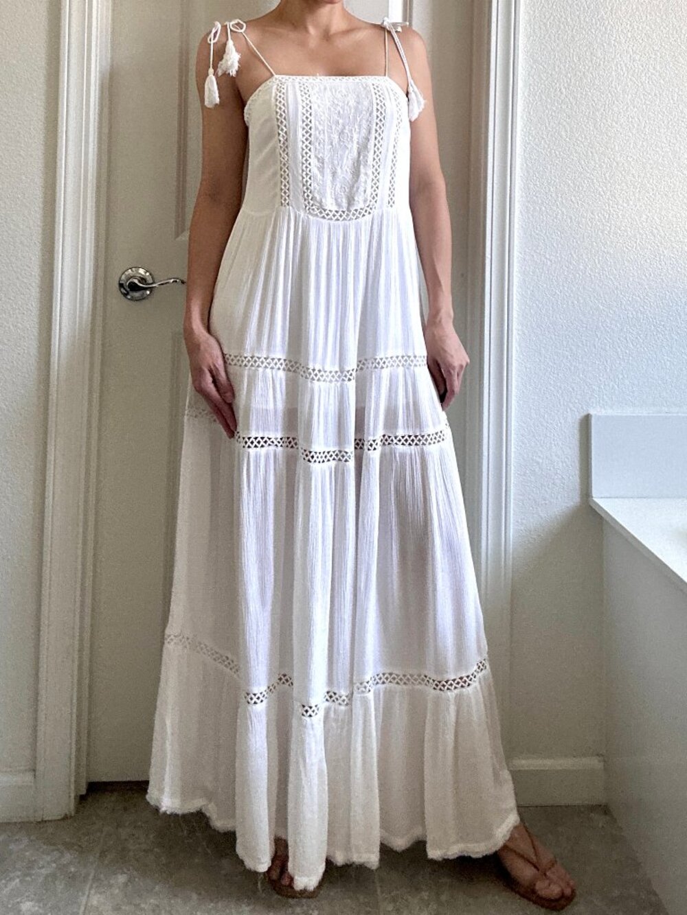 Lulus Boho Vintage Tassel Straps Embroidered Beach Maxi Dress S White